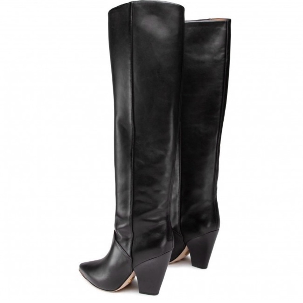 Tory Burch Black Leather Knee-High Heeled Boots with Gold Toe Trim - Picture 6 of 10